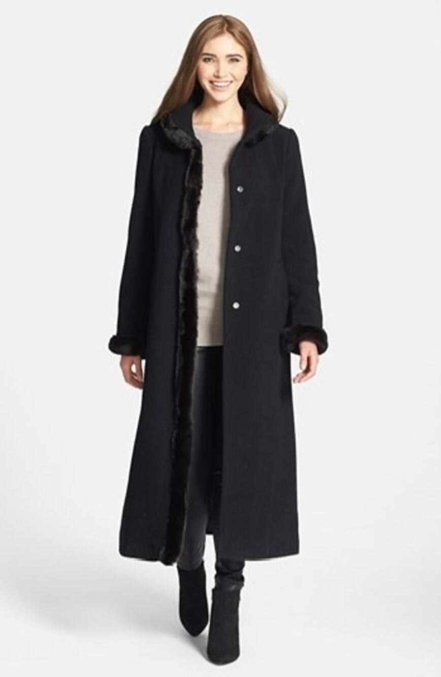 Ellen Tracy Black Faux Fur Trim Wool Blend Long Winter Coat Size 14